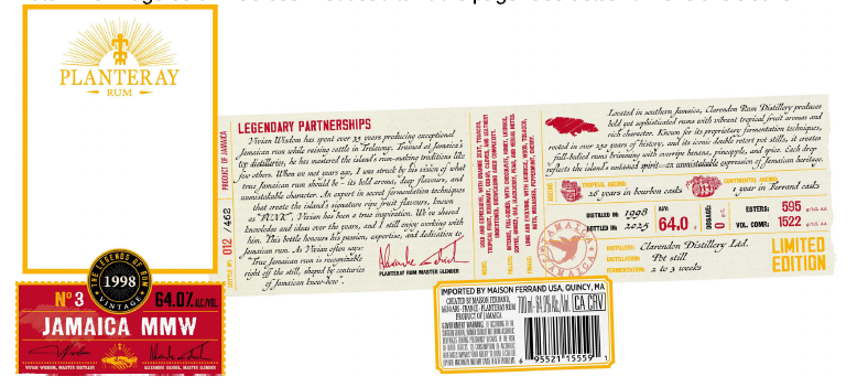 TABC label artwork for Planteray Rum Extreme No. 6 Legends Jamaica MMW 1998 104P 6/700