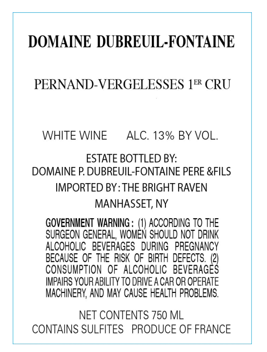 TABC label artwork for DOMAINE DUBREUIL FONTAINE Pernand-Vergelesses 1er Cru En Caradeux