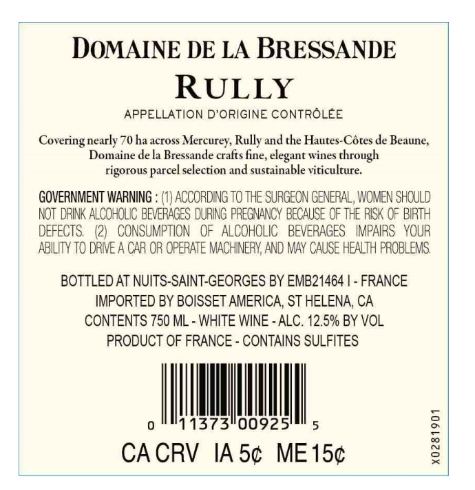 TABC label artwork for Domaine de la Bressande Rully Blanc
