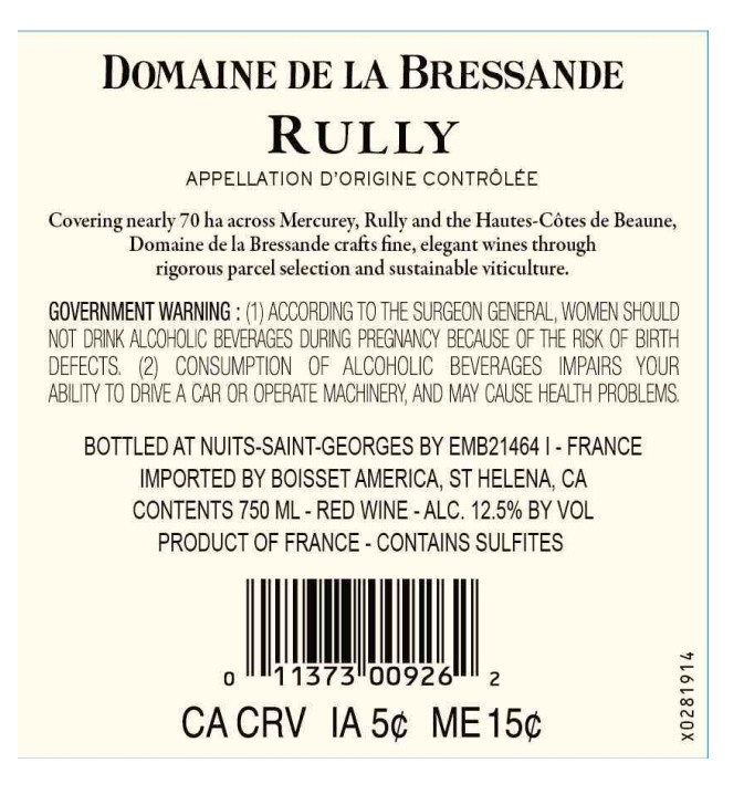 TABC label artwork for Domaine de la Bressande Rully Rouge