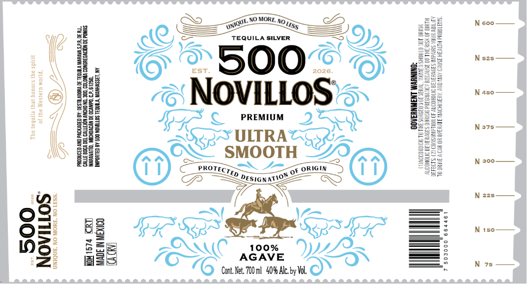 TABC label artwork for 500 Novillos Blanco Silver Tequila