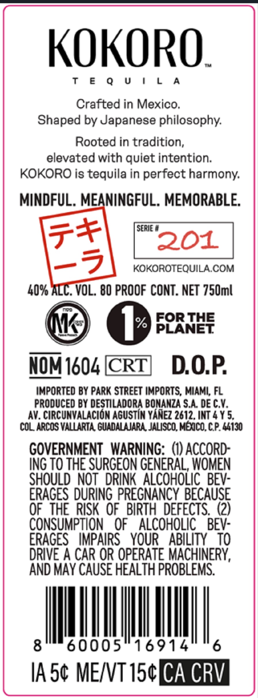 TABC label artwork for Kokoro Tequila Plata