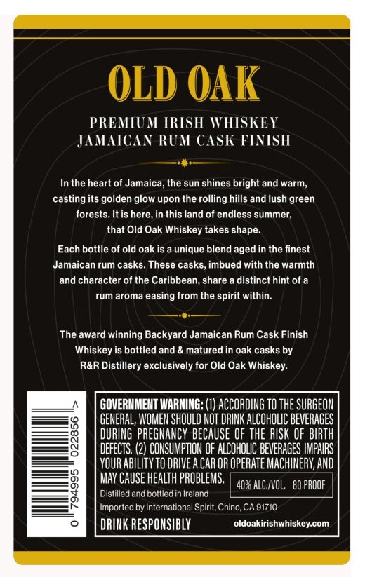 TABC label artwork for Old Oak Premium Irish Whiskey