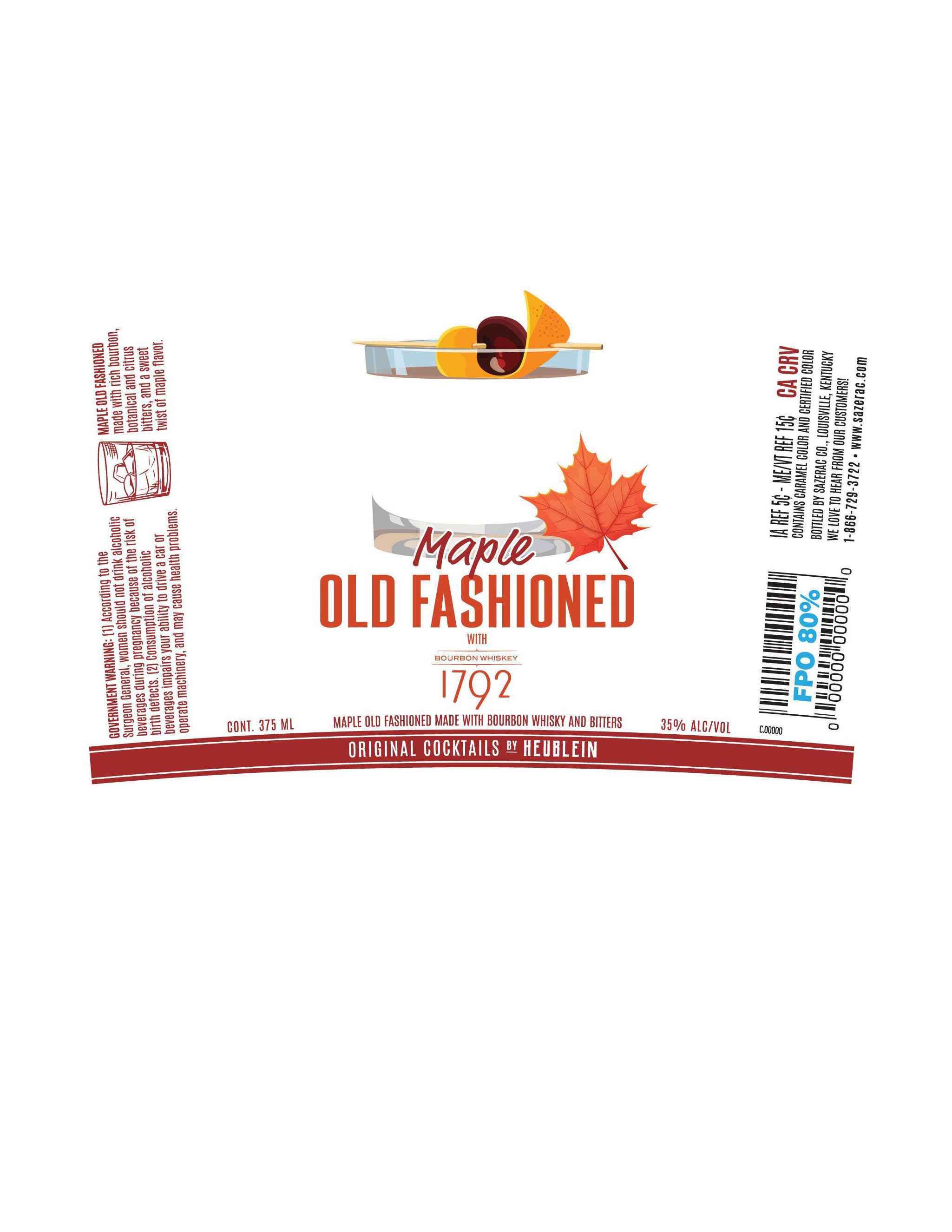 TABC label artwork for Original Cocktails by Heublein Maple Old Fashioned