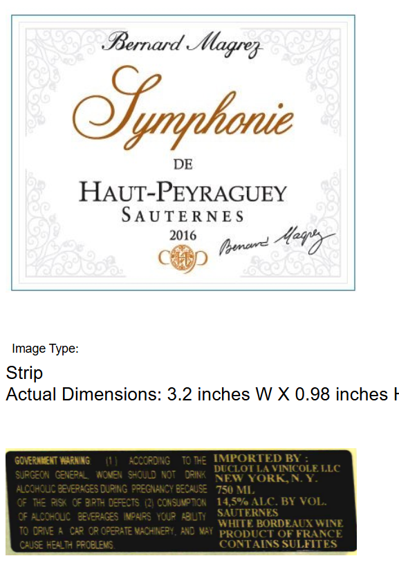 TABC label artwork for SYMPHONIE DE HAUT-PEYRAGUEY SEMILLON SAUVIGNON BLANC SAUTERNES