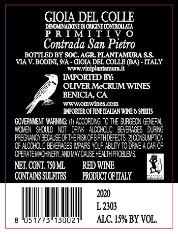 TABC label artwork for Plantamura Primativo 'Contrada San Pietro'