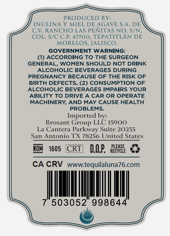 TABC label artwork for TEQUILA LUNA 76 BLANCO