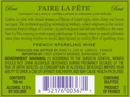 TABC label artwork for Faire La Fete Brut Cremant de Limoux