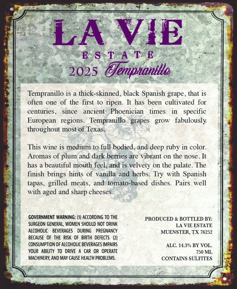 TABC label artwork for La Vie Tempranillo 2025