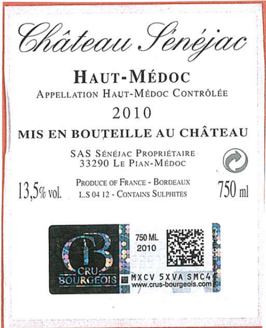 TABC label artwork for CHATEAU SENEJAC CRU BOURGEOIS RED BORDEAUX HAUT-MEDOC