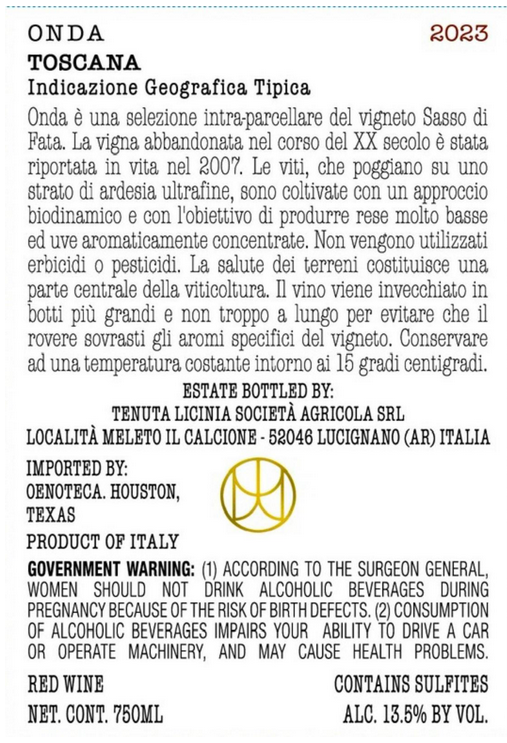 TABC label artwork for TENUTA LICINIA ONDA