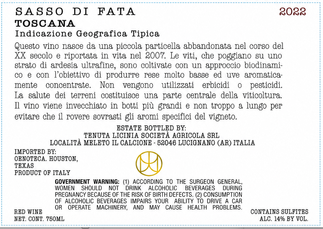 TABC label artwork for TENUTA LICINIA SASSO DI FATA
