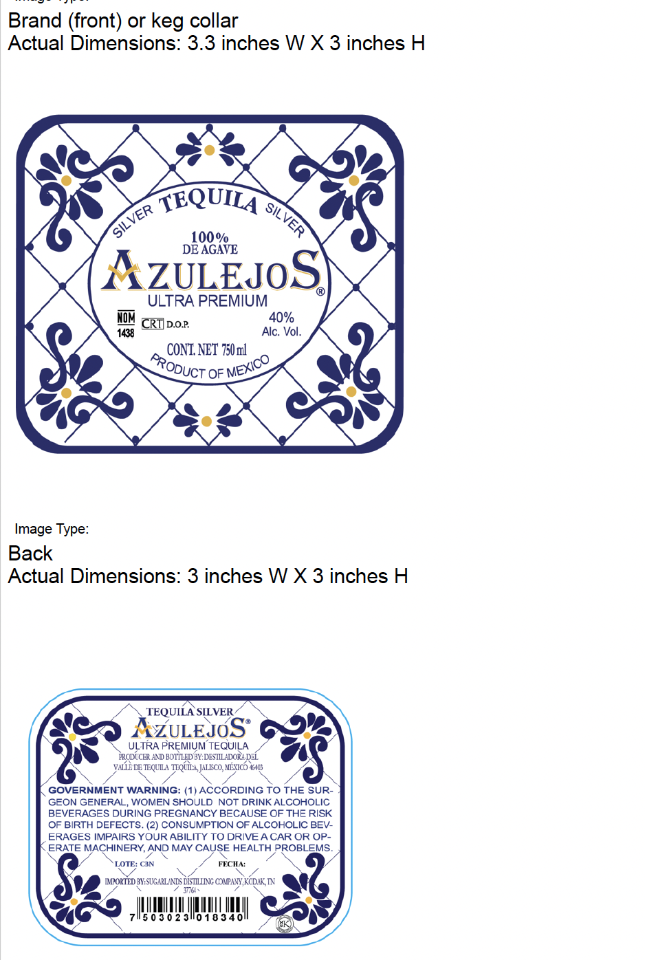 TABC label artwork for Azulejos Classic- Blanco Tequila