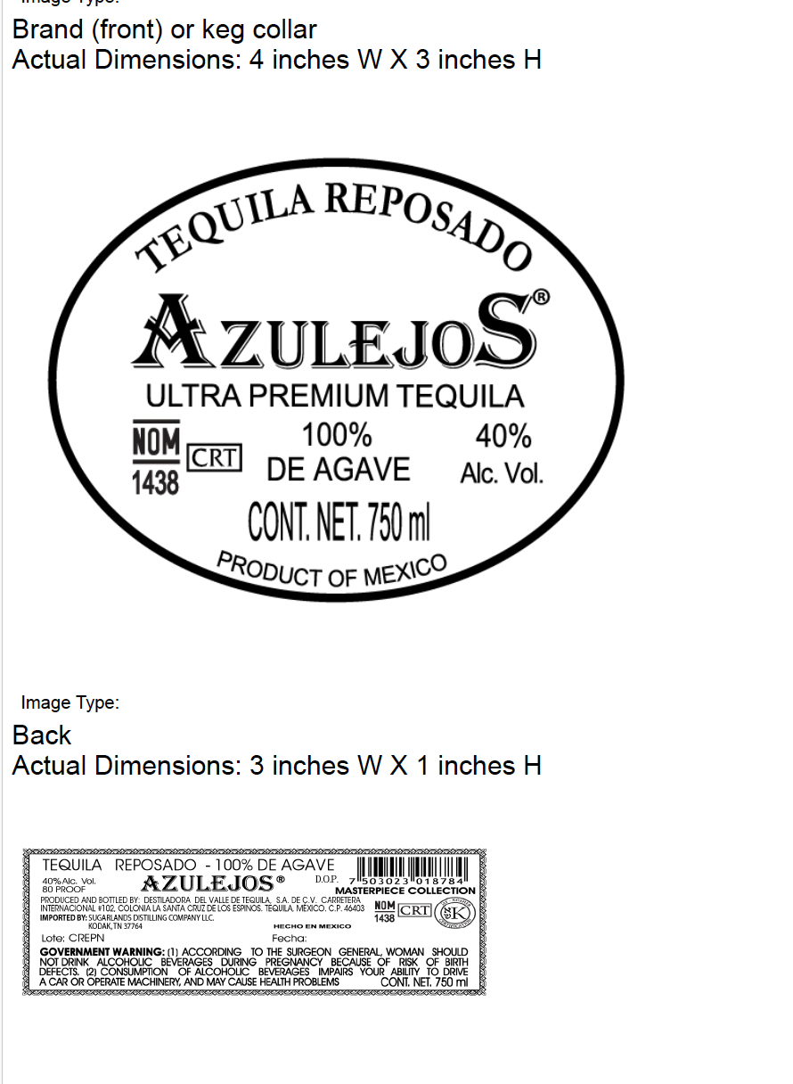 TABC label artwork for Azulejos Reposado Masterpiece Collection Tequila