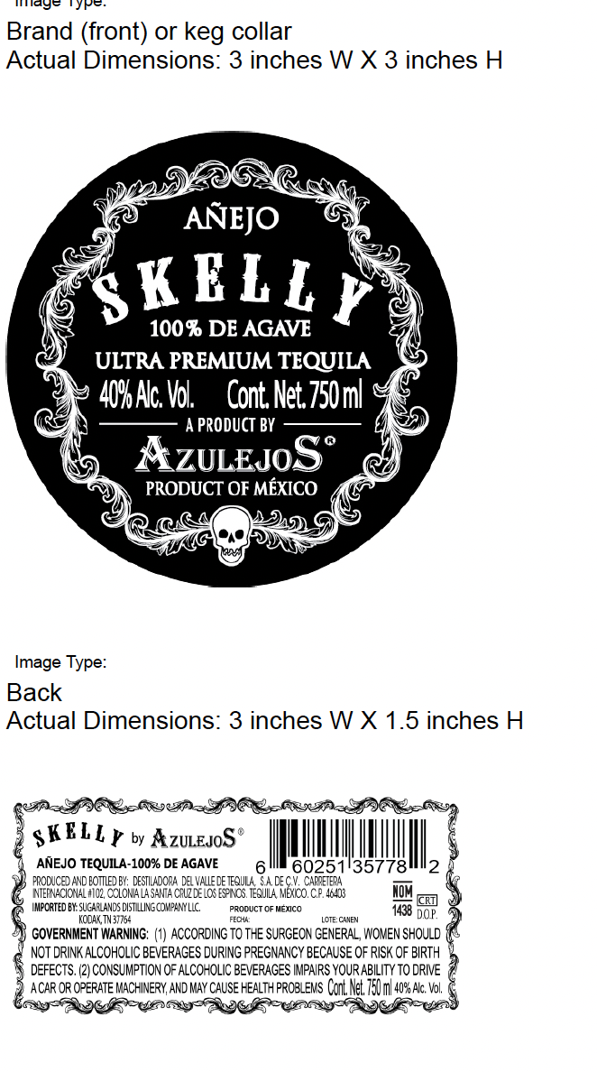 TABC label artwork for Azulejos Skelly Anejo GOLD Tequila