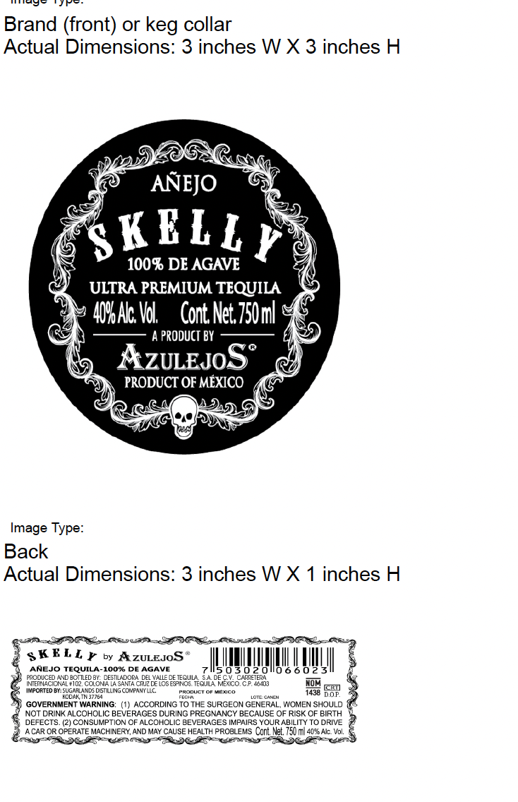 TABC label artwork for Azulejos Skelly Anejo Tequila