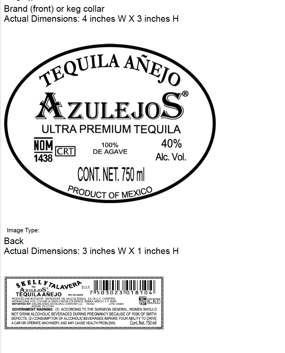TABC label artwork for Azulejos Skelly Anejo Talavera Tequila