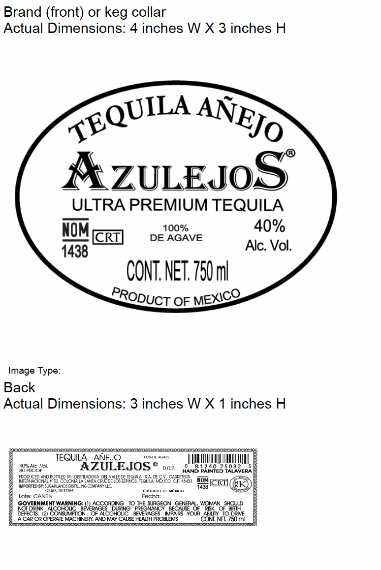 TABC label artwork for Azulejos Anejo Talavera Tequila