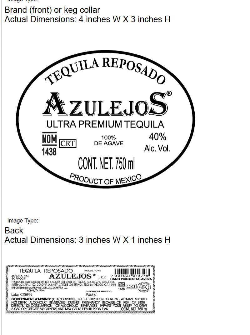 TABC label artwork for Azulejos Reposado Talavera Tequila