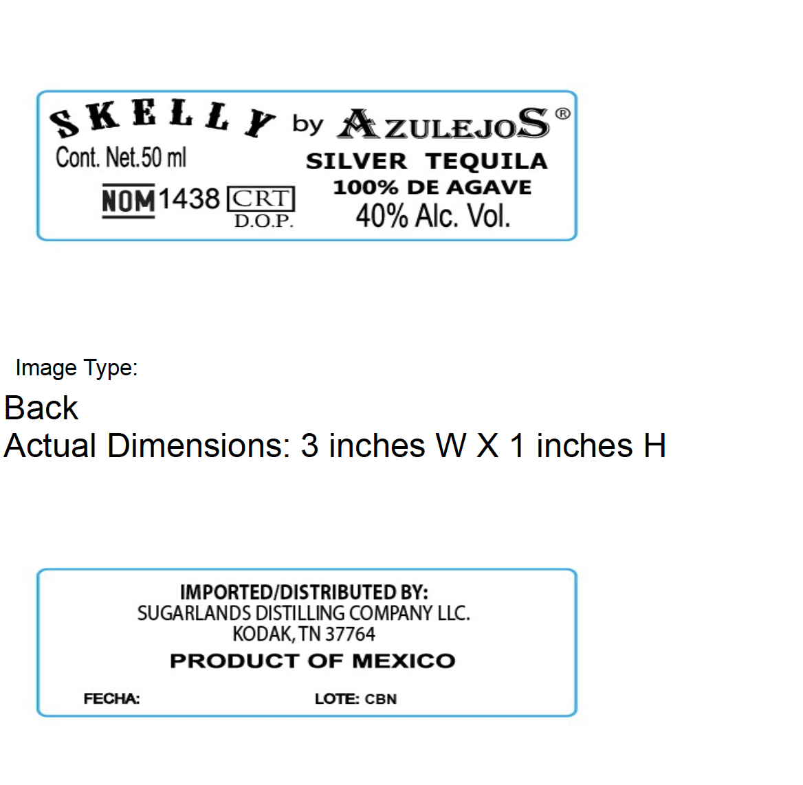 TABC label artwork for Azulejos Skelly Blanco 50ml Tequila