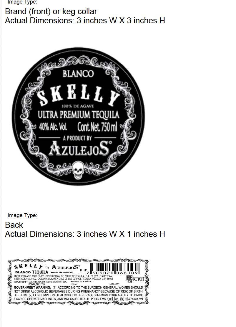 TABC label artwork for Azulejos Skelly Blanco Tequila