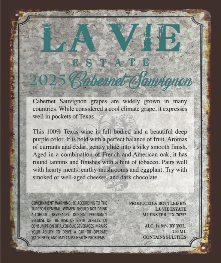 TABC label artwork for LA VIE ESTATE CABERNET SAUVIGNON