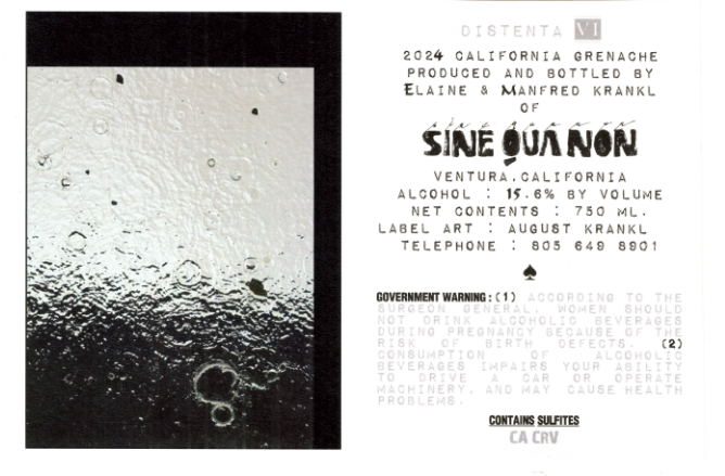 TABC label artwork for Sine Qua Non Distenta VI Grenache