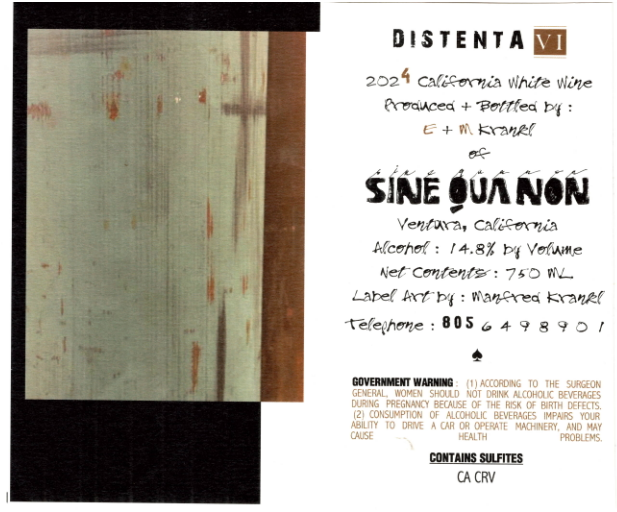 TABC label artwork for Sine Qua Non Distenta VI White