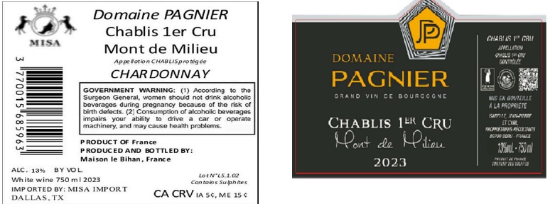 TABC label artwork for Domaine Pagnier Mont De Milieu Chardonnay