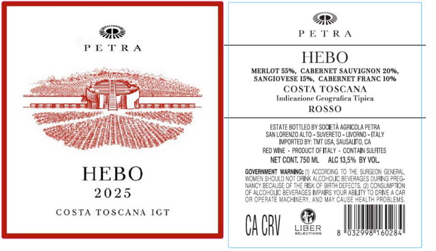 TABC label artwork for Petra Hebo Merlot, Cabernet Sauvignon, Sangiovese, Cabernet Franc Costa Toscana