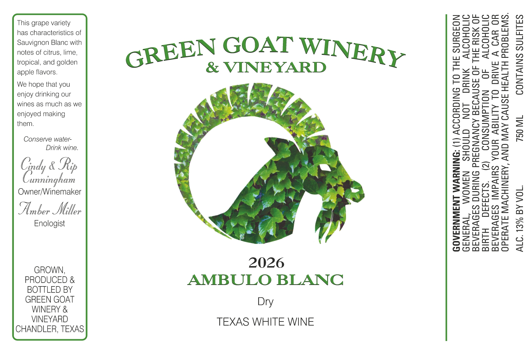 TABC label artwork for Green Goat Winery Ambulo Blanc