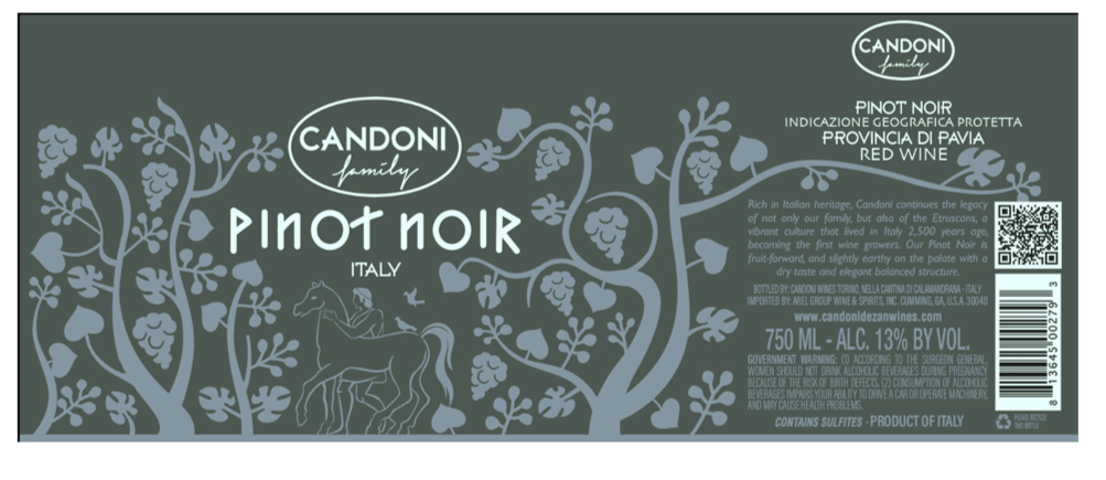 TABC label artwork for CANDONI PINOT NOIR PAVIA IGP