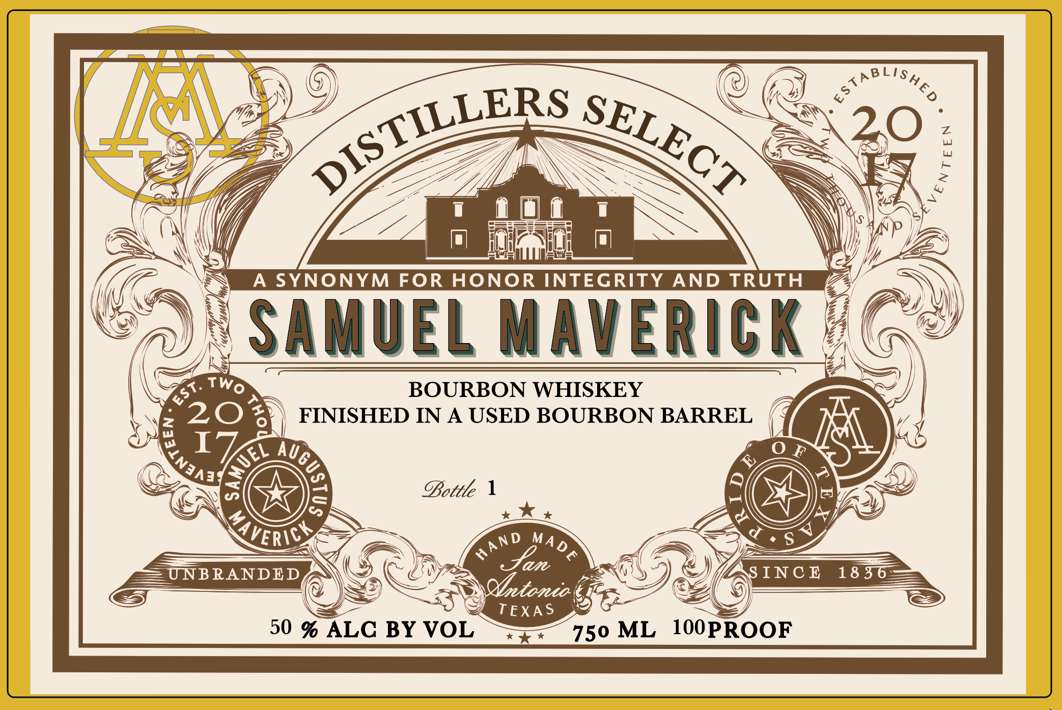 TABC label artwork for Samuel Maverick Bourbon Whiskey Finished in a Used Bourbon Barrel