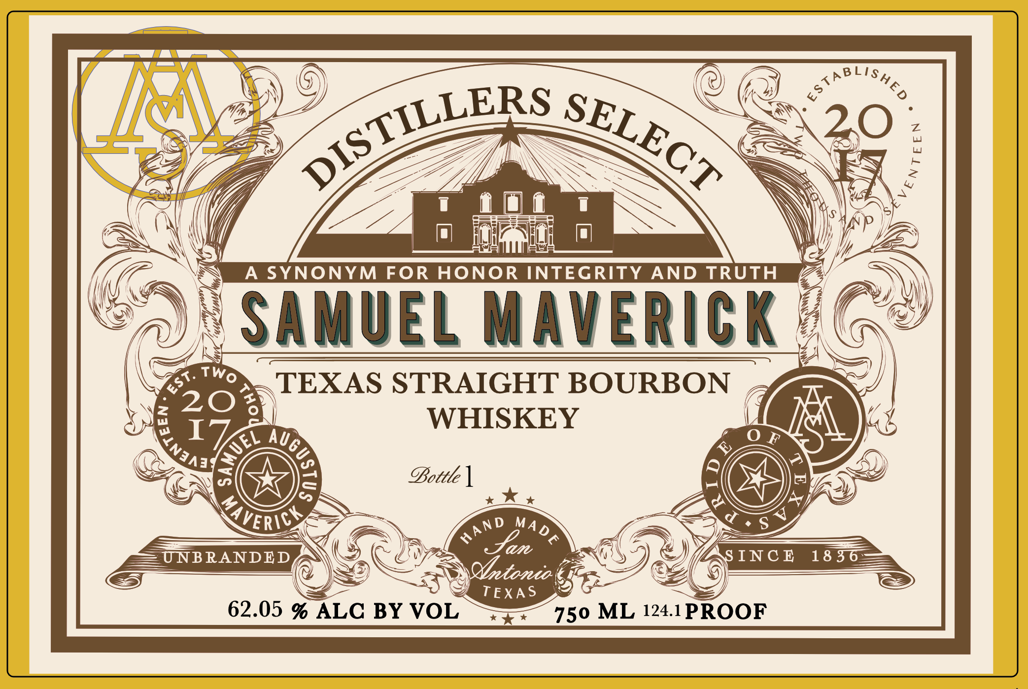 TABC label artwork for Samuel Maverick Straight Bourbon