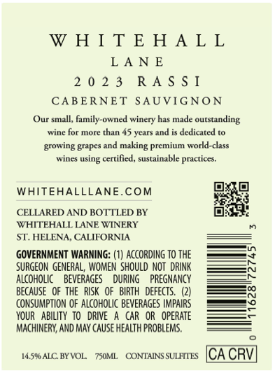 TABC label artwork for Whitehall Lane Rassi Cabernet Sauvignon, Sonoma County