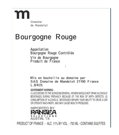 TABC label artwork for Bourgogne Rouge - DOMAINE DE MANDELOT
