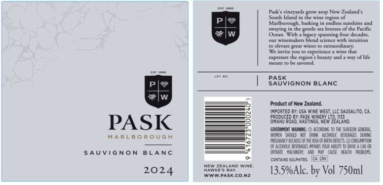 TABC label artwork for Pask Sauvignon Blanc Marlborough