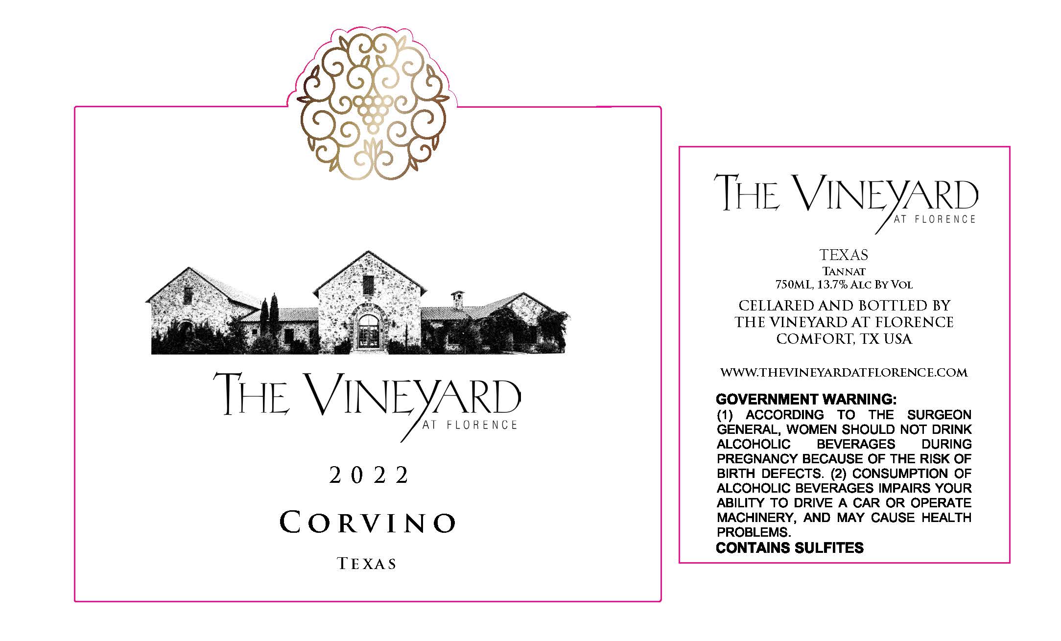 TABC label artwork for The Vineyard at Florence 2022 Corvino