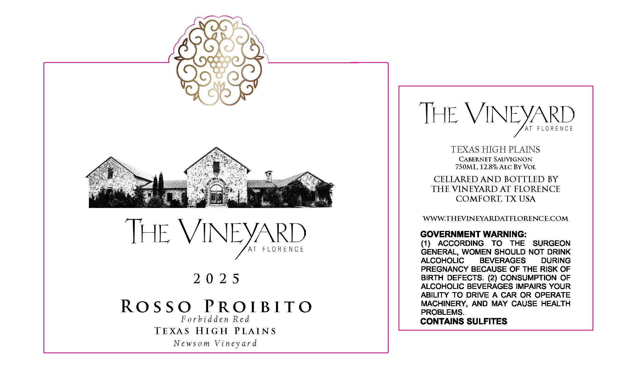 TABC label artwork for The Vineyard at Florence 2025 Rosso Proibito