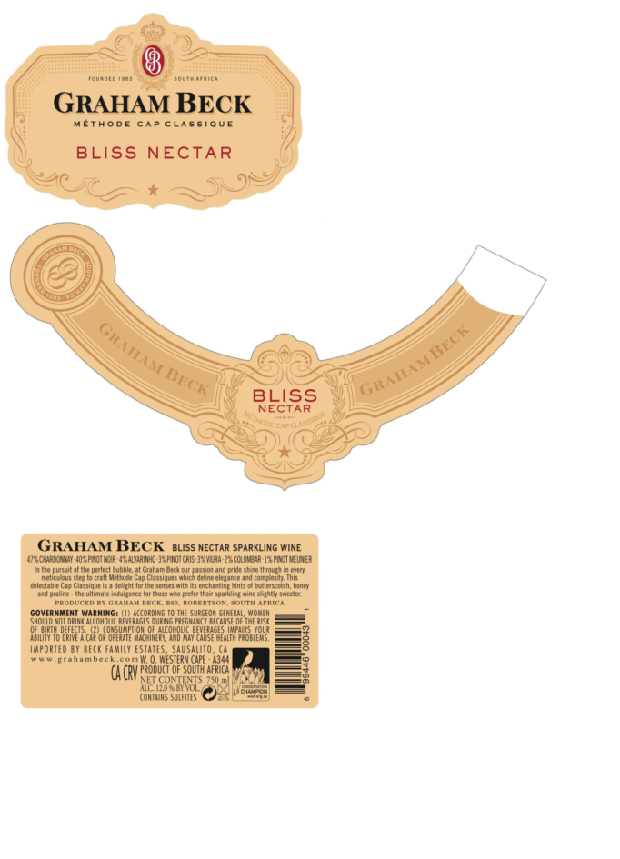 TABC label artwork for Graham Beck Chardonnay Pinot Noir Colombar Alvarinho Grenache Noir WO Western Cape