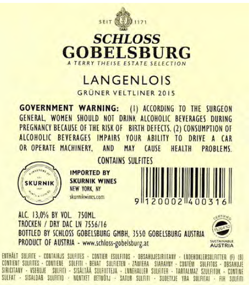 TABC label artwork for Gruner Veltliner Langenlois, Schloss Gobelsburg
