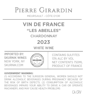 TABC label artwork for Vin de France [Cotes du Jura] Chardonnay 'Les Abeilles', Pierre Girardin