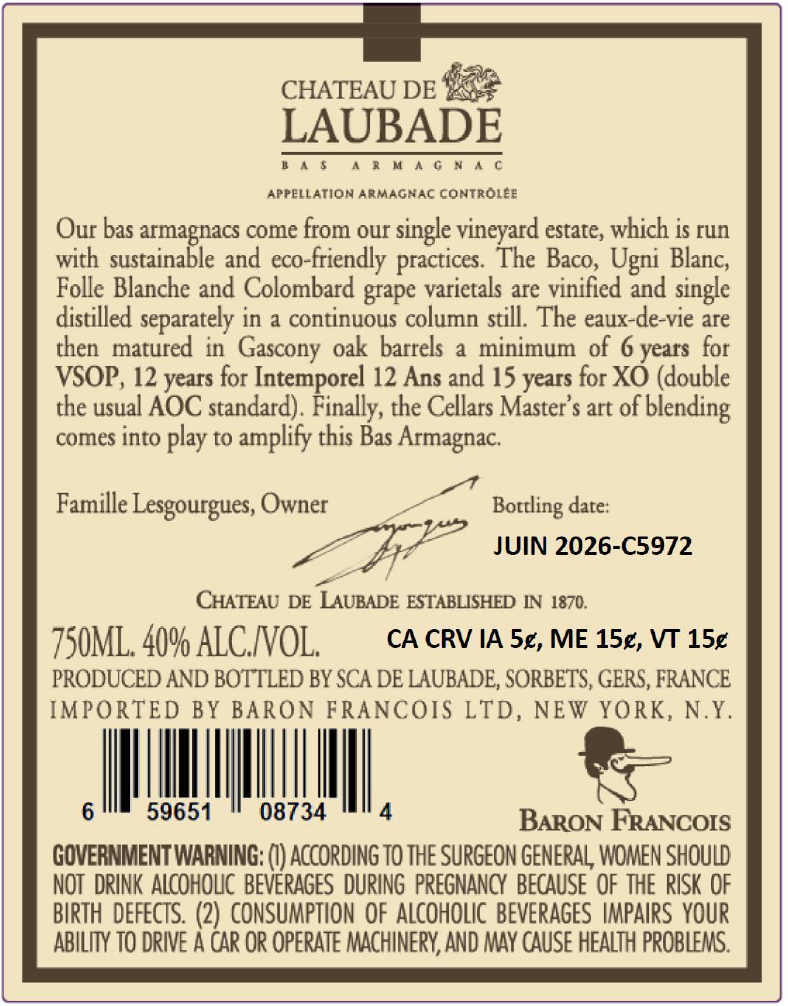 TABC label artwork for Chateau de Laubade Armagnac VSOP