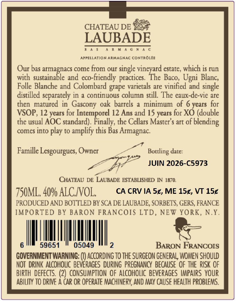 TABC label artwork for Chateau de Laubade Armagnac XO