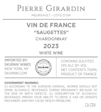 TABC label artwork for Vin de France [Cotes du Jura] Chardonnay 'Saugettes', Pierre Girardin