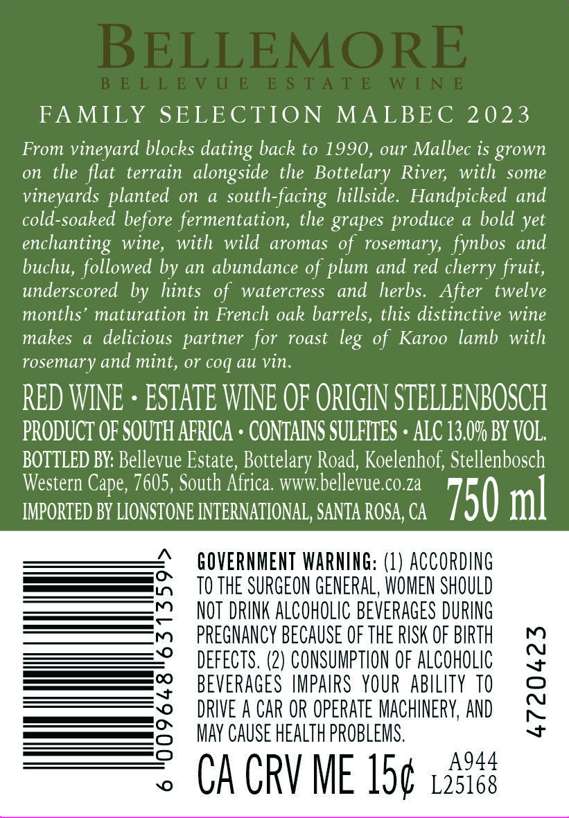 TABC label artwork for Bellemore Family Selection Malbec