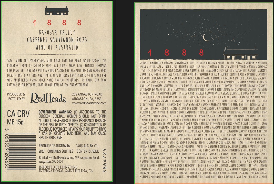 TABC label artwork for 1888 Redheads Cabernet Sauvignon