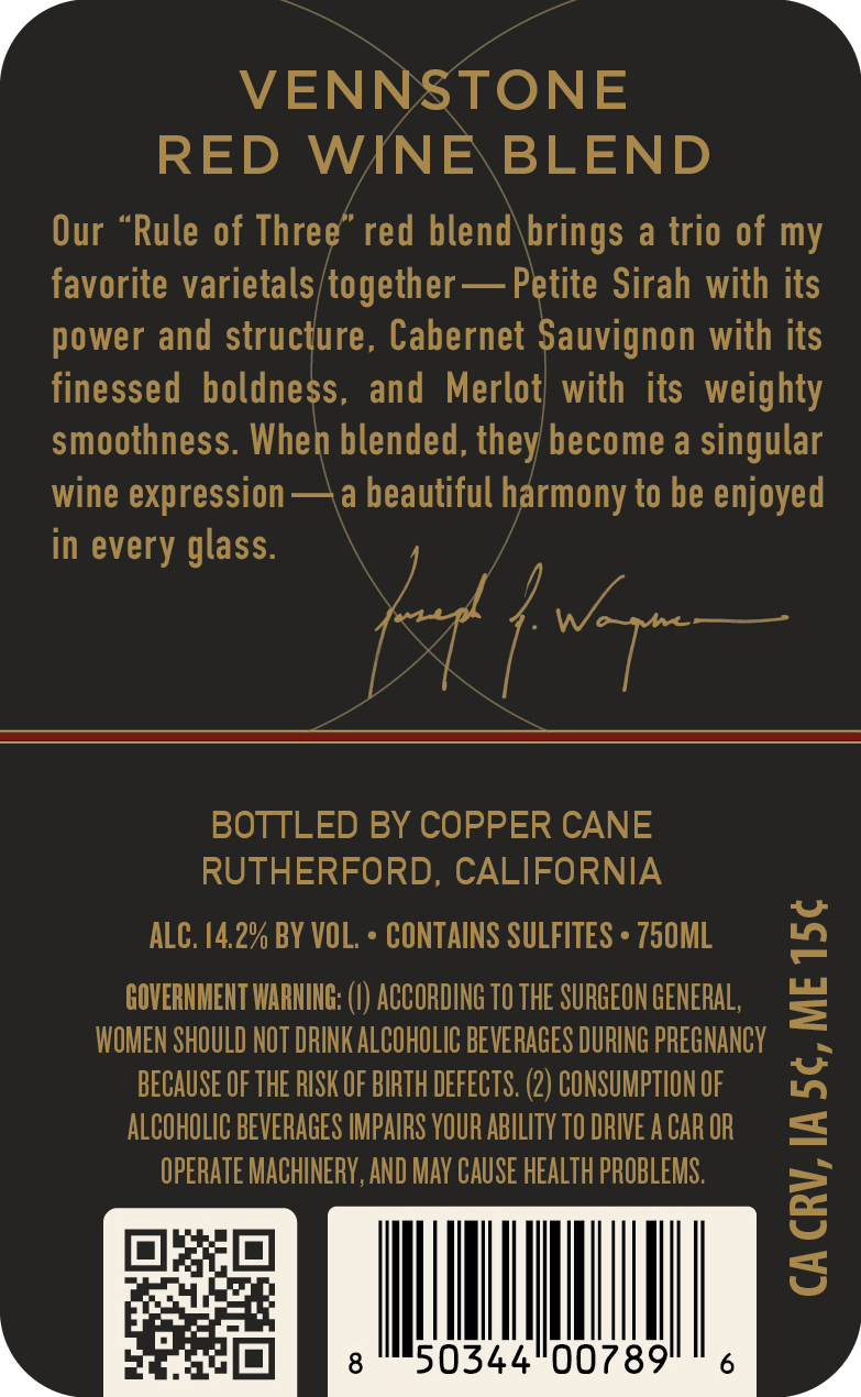 TABC label artwork for Vennstone The Rule Of Three Petite Sirah Merlot Cabernet Sauvignon California