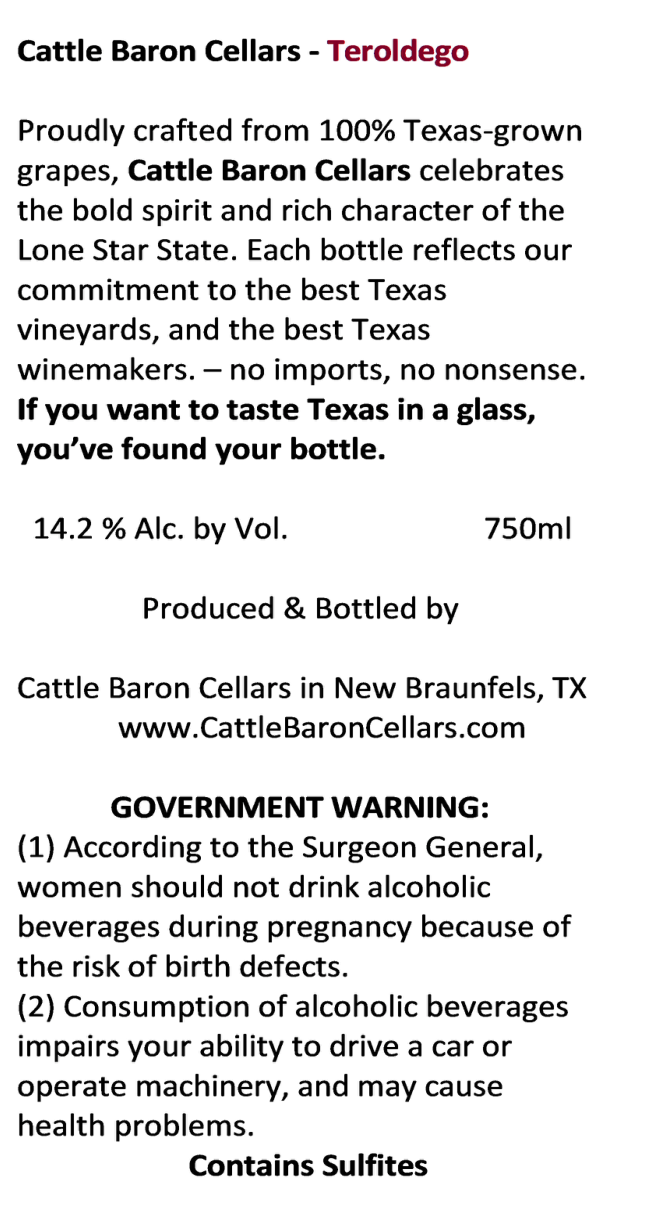 TABC label artwork for Cattle baron 2022 Teroldego