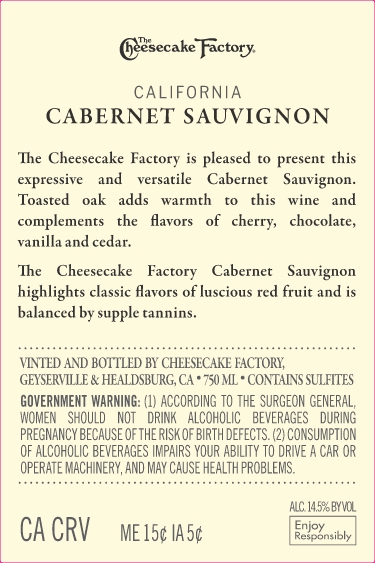 TABC label artwork for THE CHEESECAKE FACTORY CABERNET SAUVIGNON CALIFORNIA